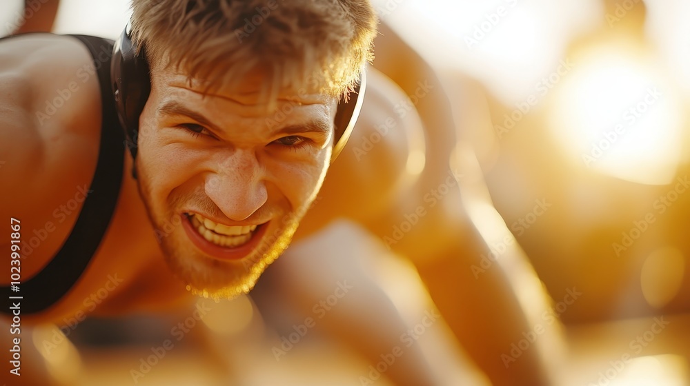 Fototapeta premium A wrestler exhibits a fierce expression while engaged in a dynamic match, highlighting the intensity and emotion involved in competitive wrestling.
