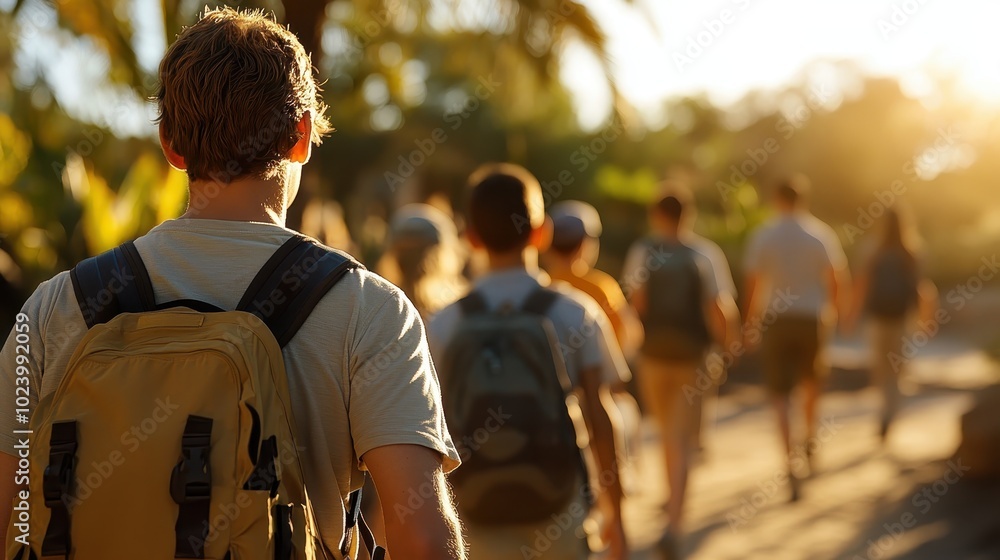 A group of people is seen from behind walking down a sunlit path with backpacks on, surrounded by greenery and trees, resembling a leisurely outdoor exploration. A group of people is seen from behind walking down a sunlit path with backpacks on, surrounded by greenery and trees, resembling a leisurely outdoor exploration.