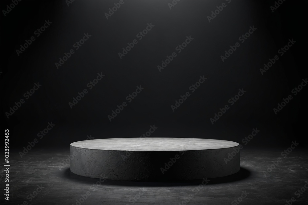 An empty dark grey round stone podium, creating a minimalistic design with no one present for products display An empty dark grey round stone podium, creating a minimalistic design with no one present for products display