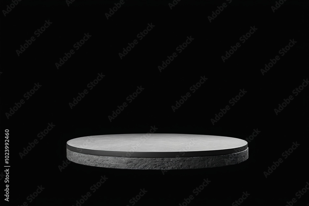 An empty dark grey round stone podium, creating a minimalistic design with no one present for products display An empty dark grey round stone podium, creating a minimalistic design with no one present for products display