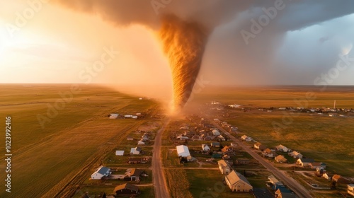 A formidable tornado bears down on a rustic settlement, its ominous column casting both literal and metaphorical shadows across the peaceful rural landscape, symbolizing threat. photo