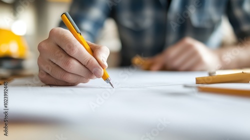 A designer's hand draws attentively on architectural paper, symbolizing focus and design accuracy. The pencil and paper are central to the creative process.