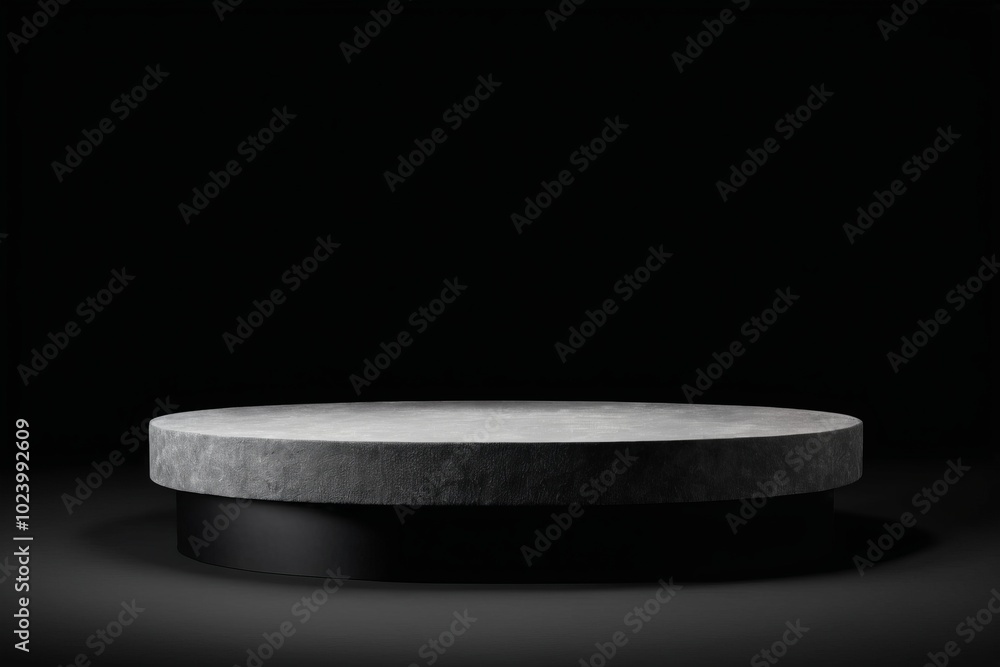 An empty dark grey round metal plate podium, creating a minimalistic design with no one present for products display An empty dark grey round metal plate podium, creating a minimalistic design with no one present for products display