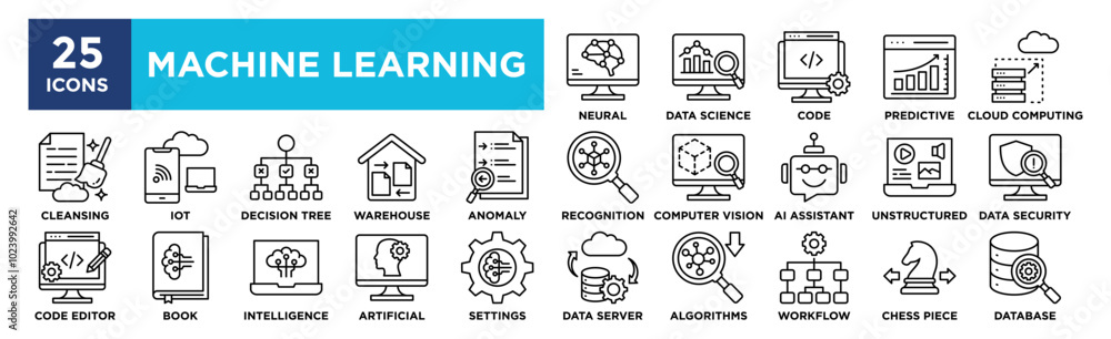 Machine Learning icon collection set. Containing design technology, digital, intelligence, science, artificial intelligence Machine Learning icon collection set. Containing design technology, digital, intelligence, science, artificial intelligence