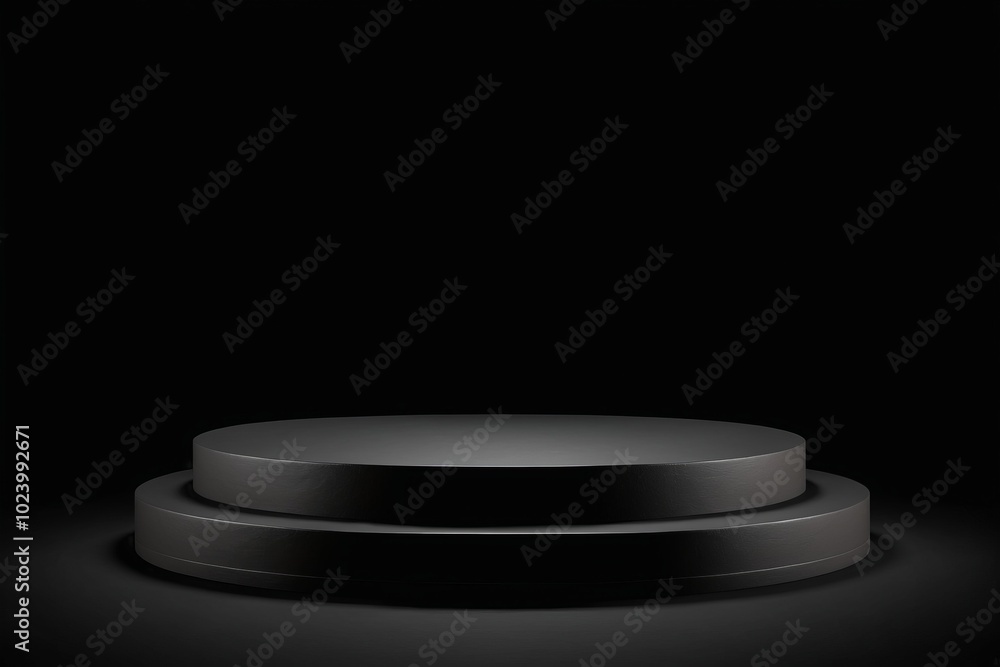 An empty dark round metal plate podium, creating a minimalistic design with no one present for products display An empty dark round metal plate podium, creating a minimalistic design with no one present for products display