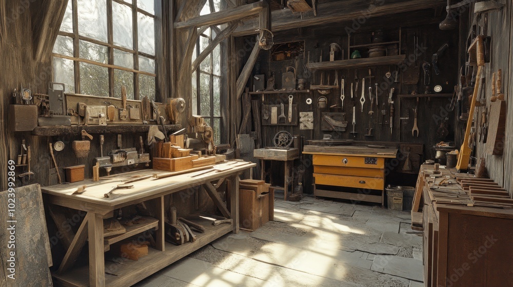 A Rusted, Well-Worn Carpenter's Workshop With Sunlight Streaming In A Rusted, Well-Worn Carpenter's Workshop With Sunlight Streaming In