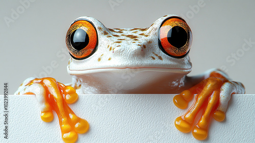 Close-up of a cute white and orange tree frog peeking over the edge photo