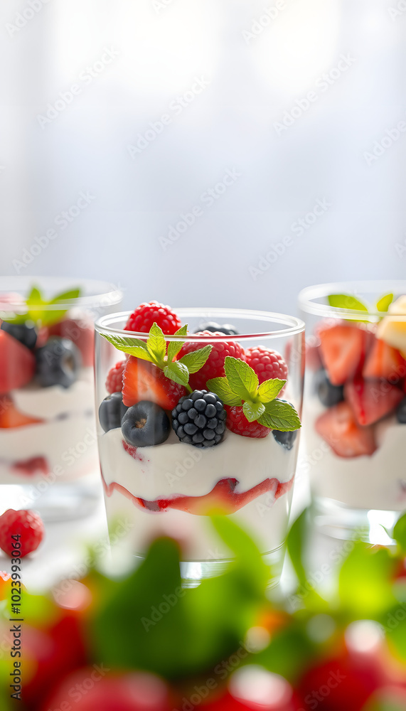 Tasty yogurt with fresh berries, fruits and mint in glasses on table, closeup isolated with white highlights, png Tasty yogurt with fresh berries, fruits and mint in glasses on table, closeup isolated with white highlights, png