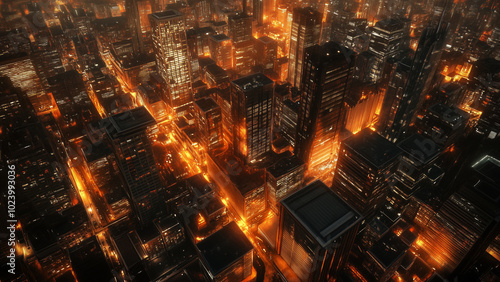 Steampunk Moscow at Night: Aerial 3D Render in Orange and Brown