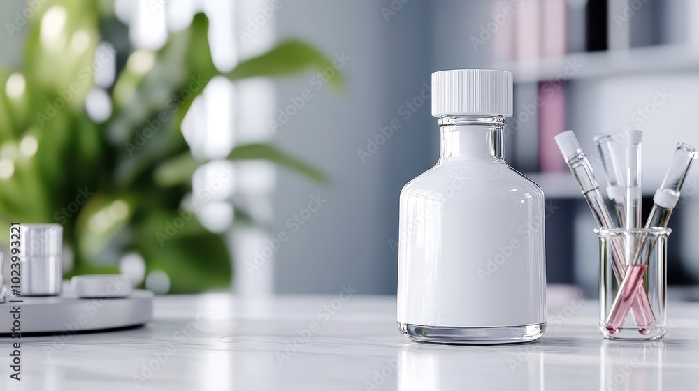 A pristine lab setting showcasing a modern white laboratory bottle, several pipettes, and lush greenery, representing cleanliness and scientific innovation. A pristine lab setting showcasing a modern white laboratory bottle, several pipettes, and lush greenery, representing cleanliness and scientific innovation.