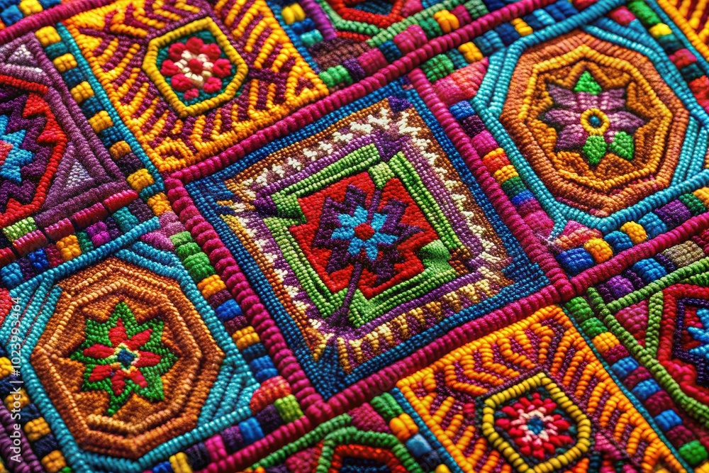 This dynamic Shipibo textile bursts with detailed geometric shapes and organic motifs, highlighting the richness of cultural expression through vivid colors and intricate designs. This dynamic Shipibo textile bursts with detailed geometric shapes and organic motifs, highlighting the richness of cultural expression through vivid colors and intricate designs.