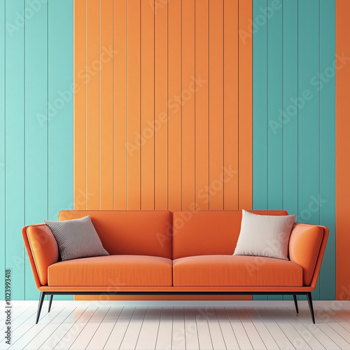 Modern Minimalist Living Room with Terra Cotta Sofa and Colorful Wall Paneling.