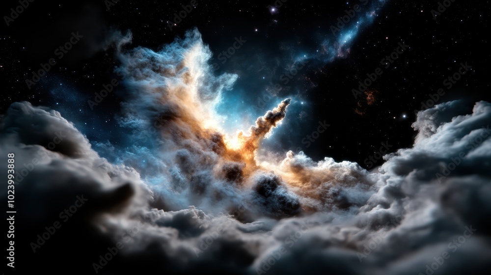 Obraz premium An awe-inspiring view of a vivid nebula and swirling cosmic clouds, glowing brilliantly against a vast, starry night sky, capturing the majesty of the universe.