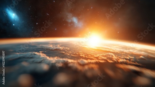 The vibrant sunrise casts a golden glow over Earth's horizon, exhibiting a breathtaking view of our beautiful planet from space against a rich backdrop of starry art. photo