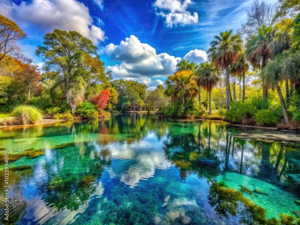 Obraz premium Tranquil scenery at Rainbow Springs State Park showcases vibrant foliage and shimmering water reflections, creating a serene escape into nature's beauty and tranquility.