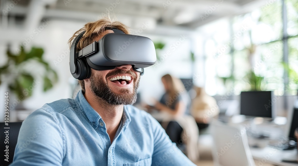 A joyful man wearing a VR headset in a sunlit office, showing the engaging and playful side of virtual reality and technology in the workspace. A joyful man wearing a VR headset in a sunlit office, showing the engaging and playful side of virtual reality and technology in the workspace.