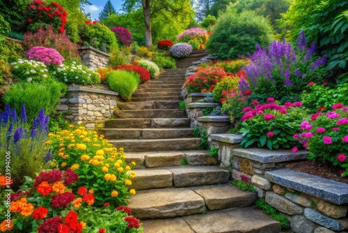 Tranquil stone steps meander through vibrant flower beds and lush greenery, creating a serene path that invites peaceful strolls in the embrace of nature.