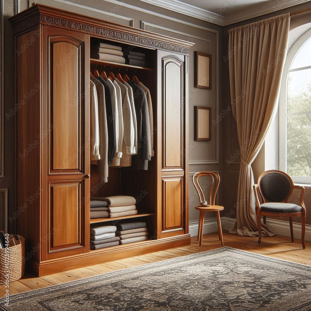 A luxurious interior room featuring a wooden wardrobe, furniture, curtains and decor with an antique design, empty of people and illuminated by natural light through the window A luxurious interior room featuring a wooden wardrobe, furniture, curtains and decor with an antique design, empty of people and illuminated by natural light through the window