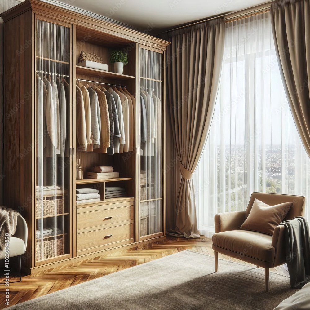 Elegant wardrobe in a beautifully decorated room with classic furniture, a window, a lamp, and stylish decor Elegant wardrobe in a beautifully decorated room with classic furniture, a window, a lamp, and stylish decor