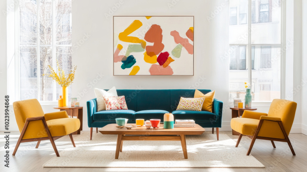 Fototapeta premium A bright and airy mid century modern living room featuring teal sofa, yellow armchairs, and stylish coffee table. vibrant artwork adds cheerful touch to space