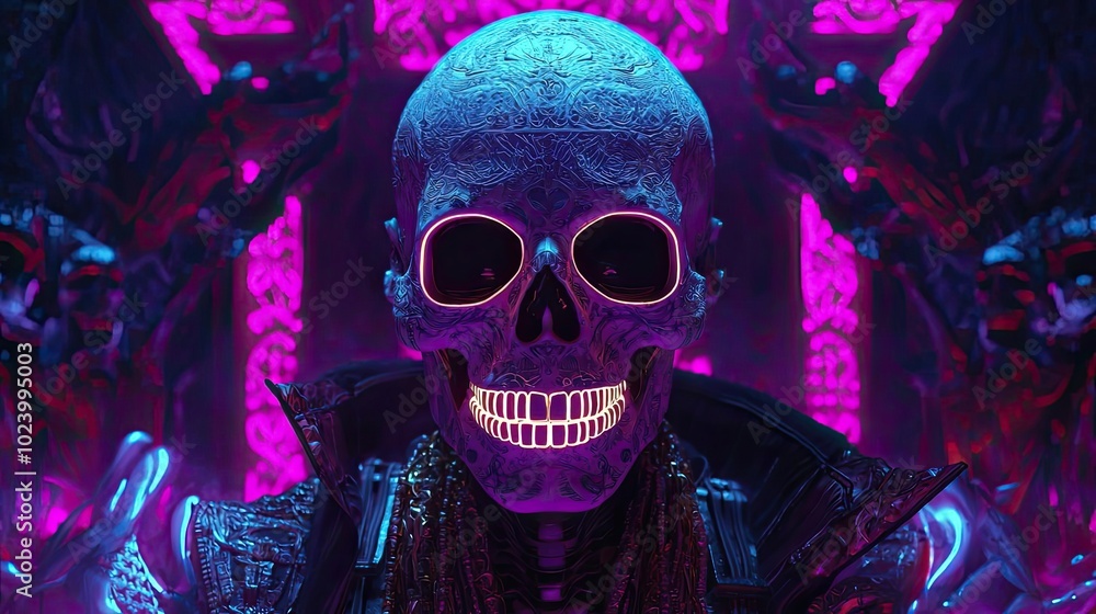A vibrant, neon-lit skull design set against a mystical backdrop, blending fantasy and technology in a captivating way. A vibrant, neon-lit skull design set against a mystical backdrop, blending fantasy and technology in a captivating way.