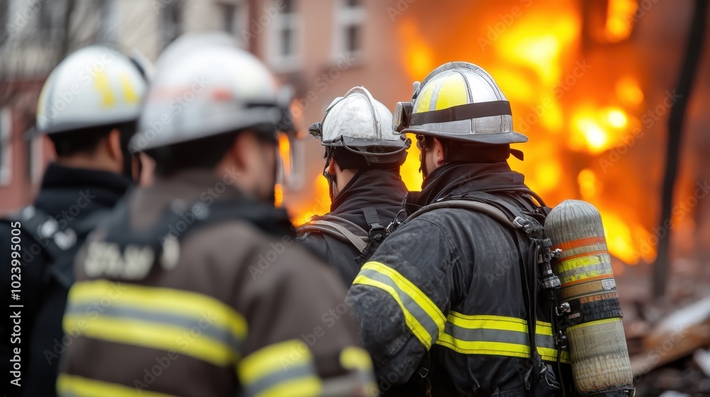 A group of firefighters in helmets and special equipment collaborate to manage and extinguish a large fire in a building, showcasing strategic teamwork and bravery. A group of firefighters in helmets and special equipment collaborate to manage and extinguish a large fire in a building, showcasing strategic teamwork and bravery.