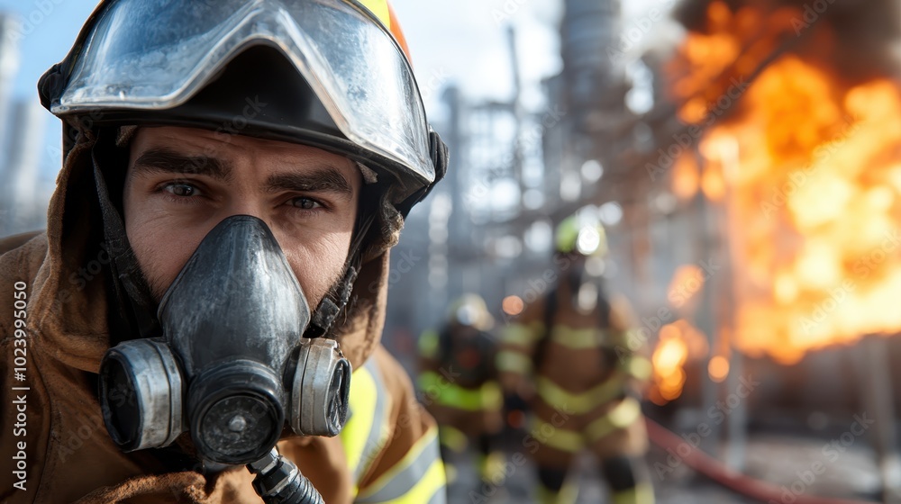 A close-up of a firefighter in gear with a burning inferno in the background, capturing the essence of bravery and urgency in high-stakes scenarios. A close-up of a firefighter in gear with a burning inferno in the background, capturing the essence of bravery and urgency in high-stakes scenarios.