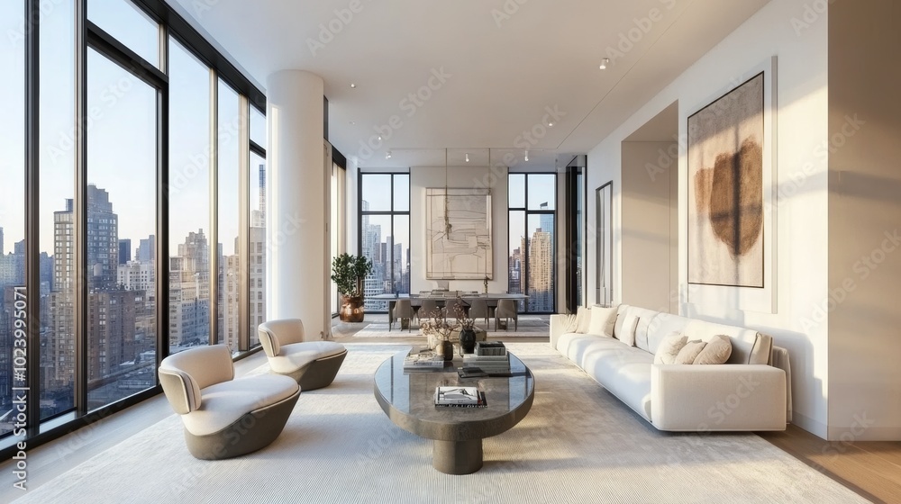 Bright and spacious modern living room with large windows showcasing a stunning city view in a contemporary style Bright and spacious modern living room with large windows showcasing a stunning city view in a contemporary style
