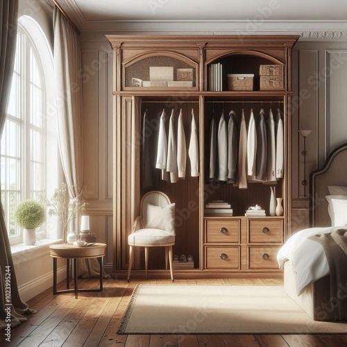 A cozy interior of a hotel bedroom featuring elegant furniture, a wooden wardrobe, a stylish table, and a window that adds natural light to the space photo