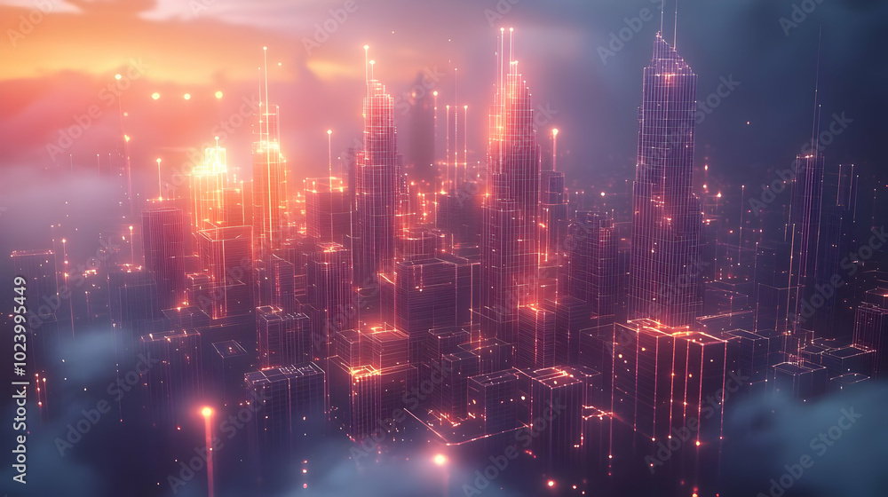 Abstract Cityscape with Glowing Lines at Sunset and Fog. Abstract Cityscape with Glowing Lines at Sunset and Fog.