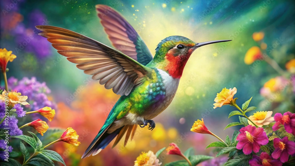 Fototapeta premium Vibrant Watercolor Hummingbird Painting with Colorful Feathers and Lush Floral Background Elements