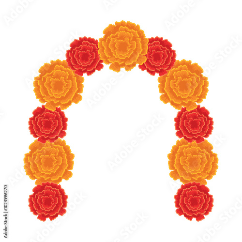 Arch made of orange and red marigold flowers, Vector