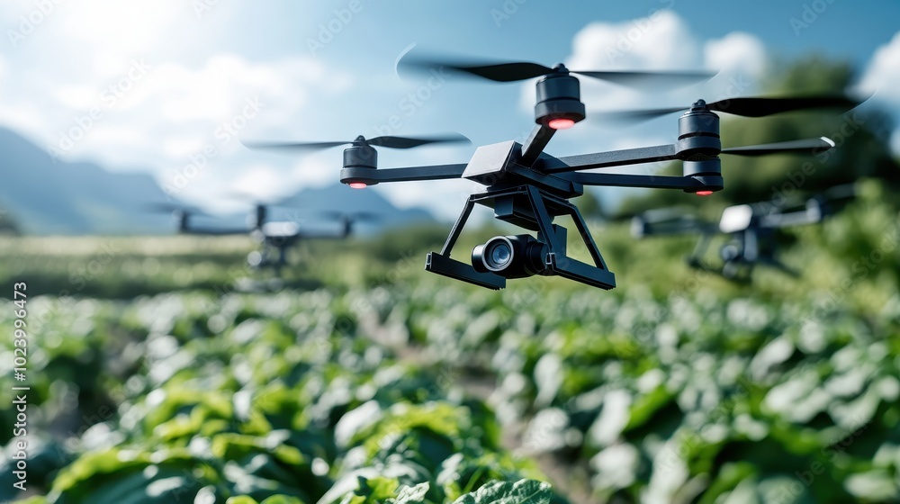 A close-up of multiple drones equipped with cameras flying over lush green crops, capturing data for precision agriculture under clear blue skies in a vibrant landscape. A close-up of multiple drones equipped with cameras flying over lush green crops, capturing data for precision agriculture under clear blue skies in a vibrant landscape.