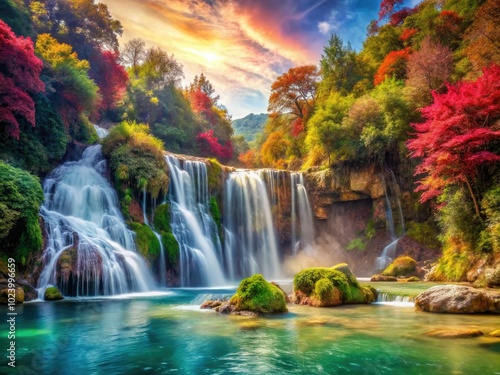 Watercolor paintings of serene waterfalls illustrate nature's beauty, featuring tranquil scenes bathed in vibrant colors that embody flowing water and the serenity of lush environments.