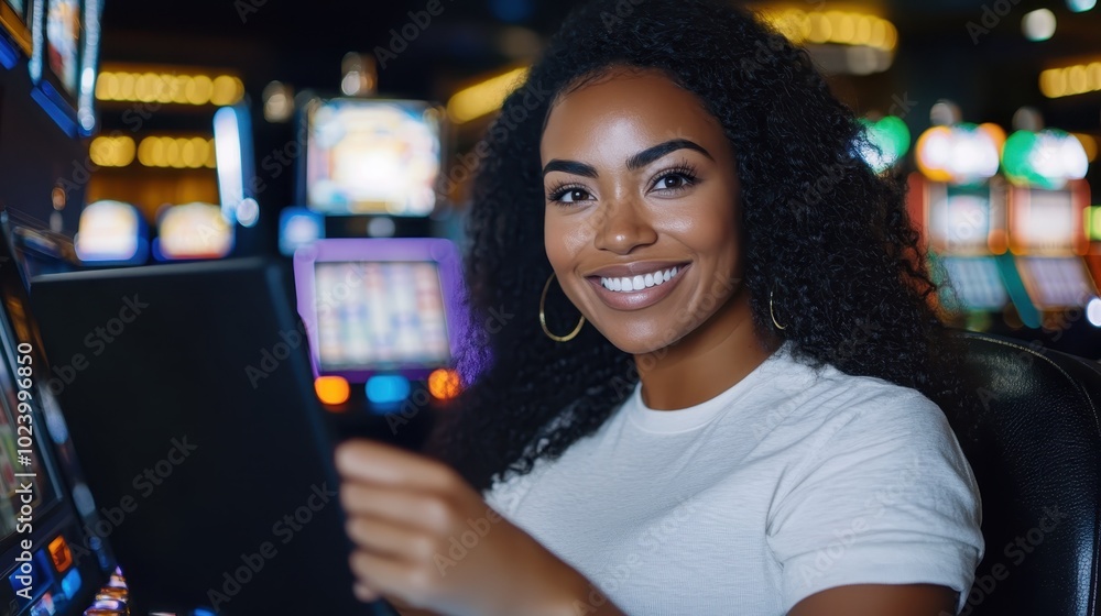 Fototapeta premium A woman with curly hair and a bright smile is absorbed in gaming excitement at a casino, surrounded by colorful lights and the electric ambiance of the scene.