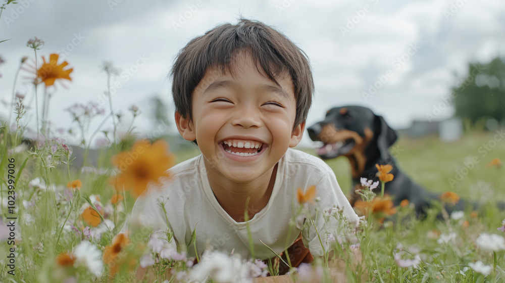 Malay little boy in traditional lederhosen playing with doberman pinscher Malay little boy in traditional lederhosen playing with doberman pinscher
