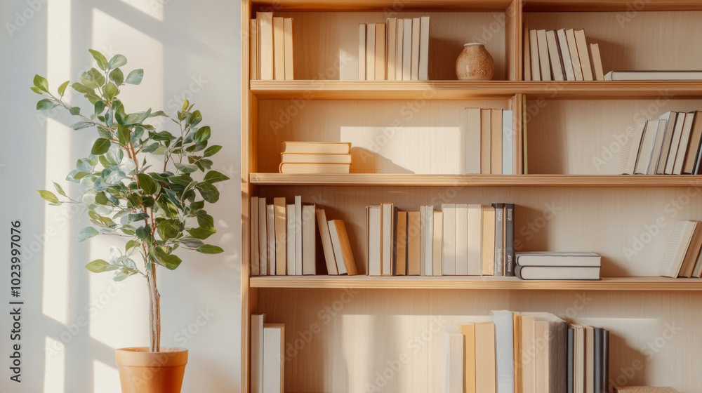 A close up shot of carefully curated bookshelf featuring neatly arranged books and decorative plant, creating warm and inviting atmosphere A close up shot of carefully curated bookshelf featuring neatly arranged books and decorative plant, creating warm and inviting atmosphere