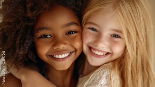 Two smiling girls share joyful moment, showcasing their friendship and happiness. Their diverse backgrounds highlight beauty of unity and connection