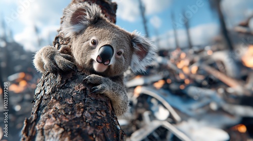 A koala clings to a burnt tree with a background of charred landscape and smoldering ashes, symbolizing resilience and survival in the face of destruction. photo