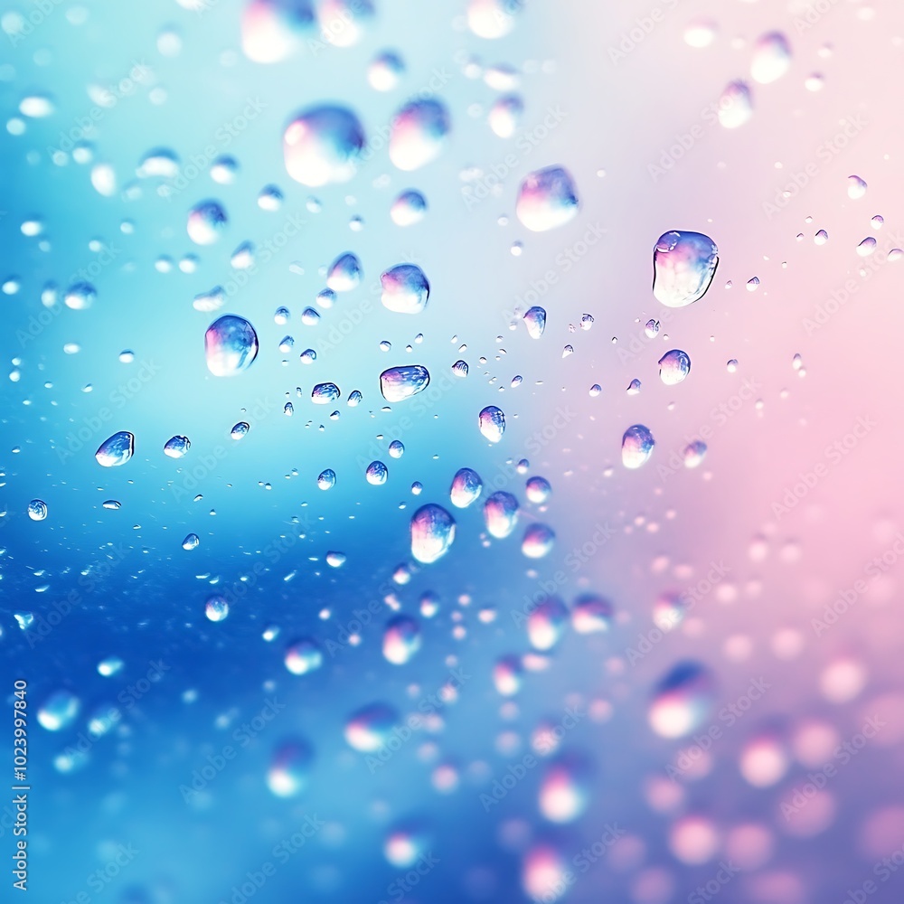 A close-up of water droplets on a surface with a gradient background in blue and pink hues. A close-up of water droplets on a surface with a gradient background in blue and pink hues.