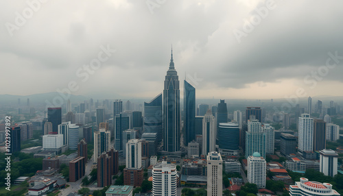 rising drone shot of manila philippines on a gloomy day isolated with white highlights, png