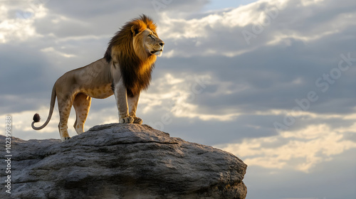 A majestic lion standing proudly on a rocky ledge surveying the savannah below