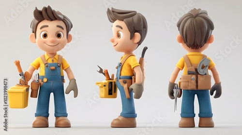 Cartoon handyman with tools in different poses. photo