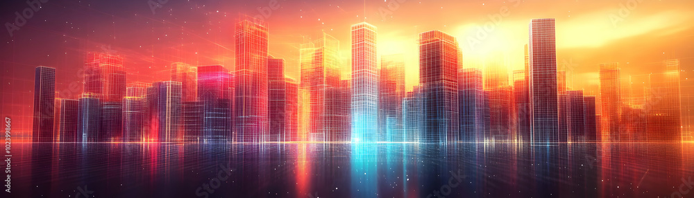 Fototapeta premium Futuristic Cityscape with Glowing Lines Reflecting in Water at Sunset