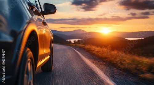 Dramatic sunset view from the car on a winding mountain road during an adventurous road trip journey through the scenic landscape