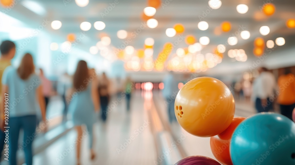 A collection of colorful bowling balls placed near a group of people in a modern bowling alley, capturing excitement, communal joy, and the spirit of friendly competition. A collection of colorful bowling balls placed near a group of people in a modern bowling alley, capturing excitement, communal joy, and the spirit of friendly competition.