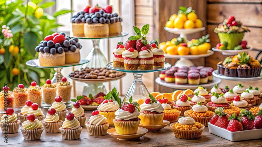 A Rustic Table Setting with a Varied Selection of Sweet Delights Featuring Fresh Fruit and Whipped Cream Toppings A Rustic Table Setting with a Varied Selection of Sweet Delights Featuring Fresh Fruit and Whipped Cream Toppings