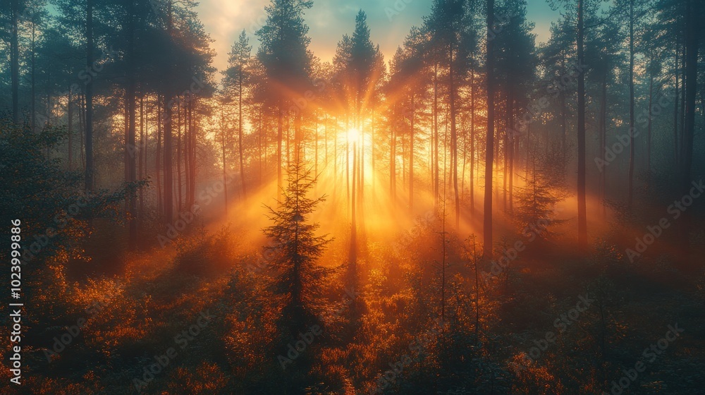 Sun rays illuminating a misty forest at sunrise. Sun rays illuminating a misty forest at sunrise.
