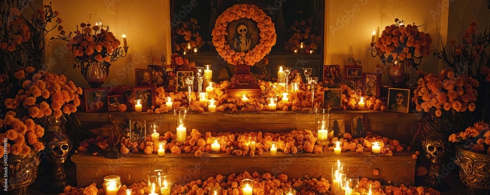 A vibrant altar adorned with marigold flowers and glowing candles, celebrating traditions and honoring loved ones. A vibrant altar adorned with marigold flowers and glowing candles, celebrating traditions and honoring loved ones.