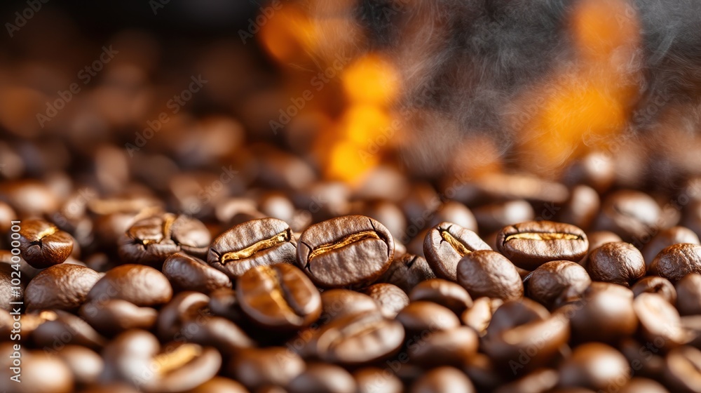 Image capturing the steam rising from freshly roasted coffee beans set against a backdrop of vivid flames, highlighting the heat and intensity of their preparation process. Image capturing the steam rising from freshly roasted coffee beans set against a backdrop of vivid flames, highlighting the heat and intensity of their preparation process.